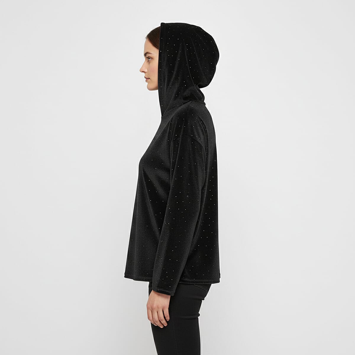 Doorbuster Tamsy Black Crystal Embedded Glitter Top with Hoodie - One Size Fits Most image number 2