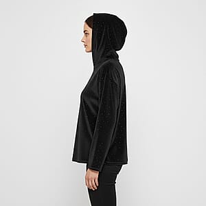 Doorbuster Tamsy Black Crystal Embedded Glitter Top with Hoodie - One Size Fits Most