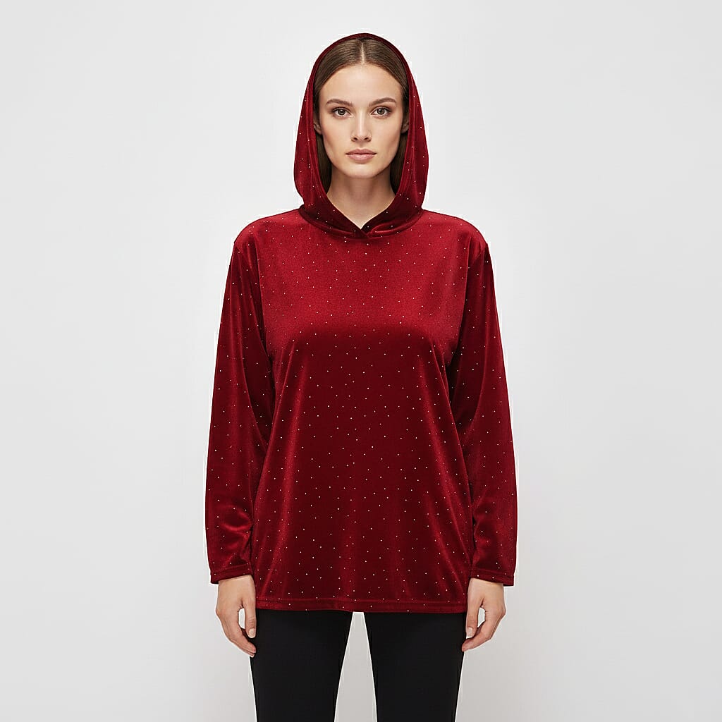 Tamsy Red Crystal Embedded Glitter Top with Hoodie - One Size Fits Most