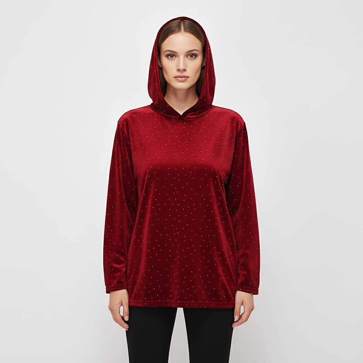  Tamsy Red Crystal Embedded Glitter Top with Hoodie - One Size Fits Most image number 0