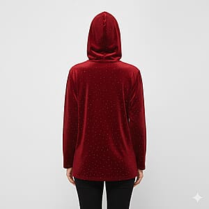  Tamsy Red Crystal Embedded Glitter Top with Hoodie - One Size Fits Most