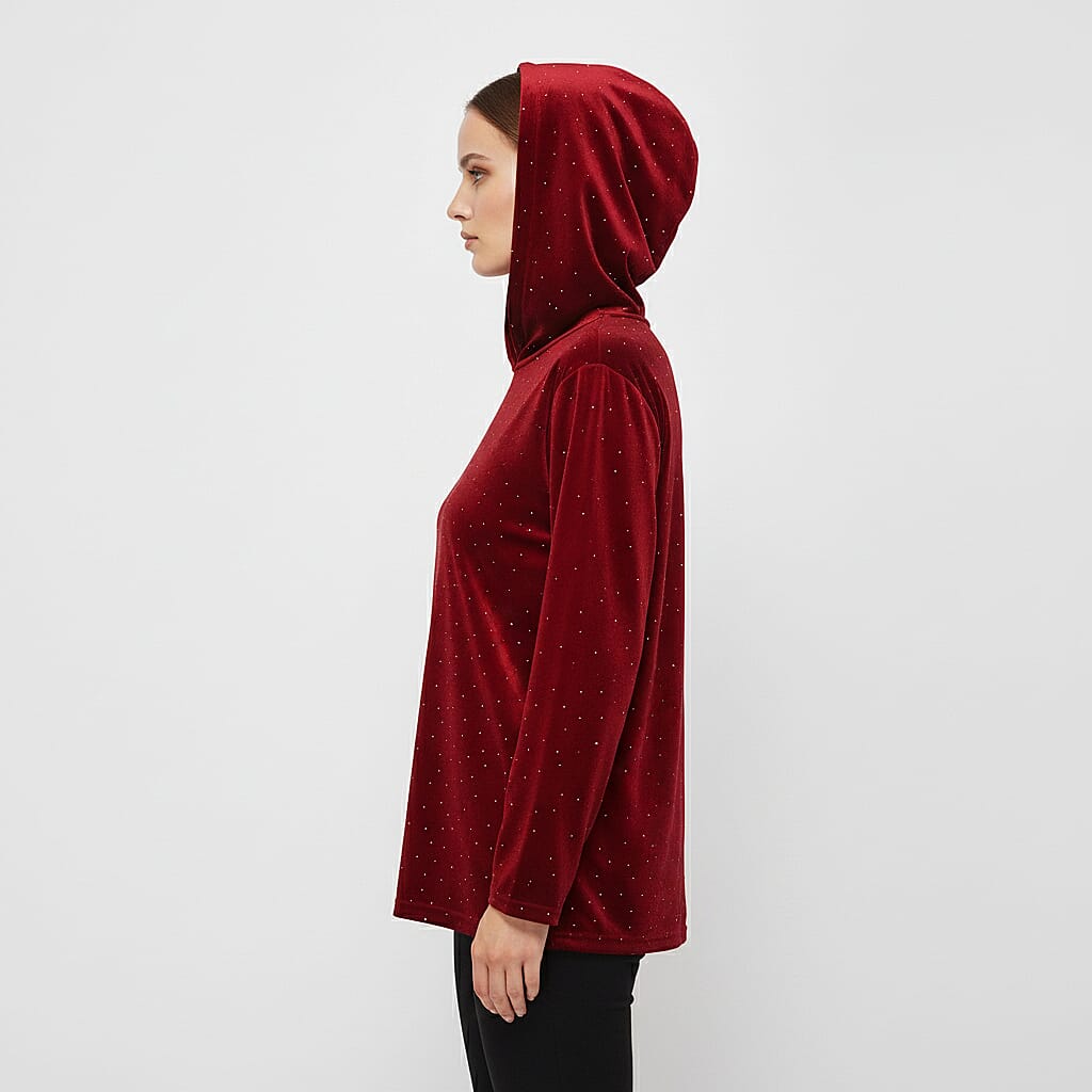 Tamsy Red Crystal Embedded Glitter Top with Hoodie - One Size Fits Most