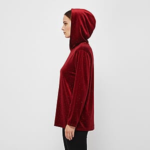  Tamsy Red Crystal Embedded Glitter Top with Hoodie - One Size Fits Most