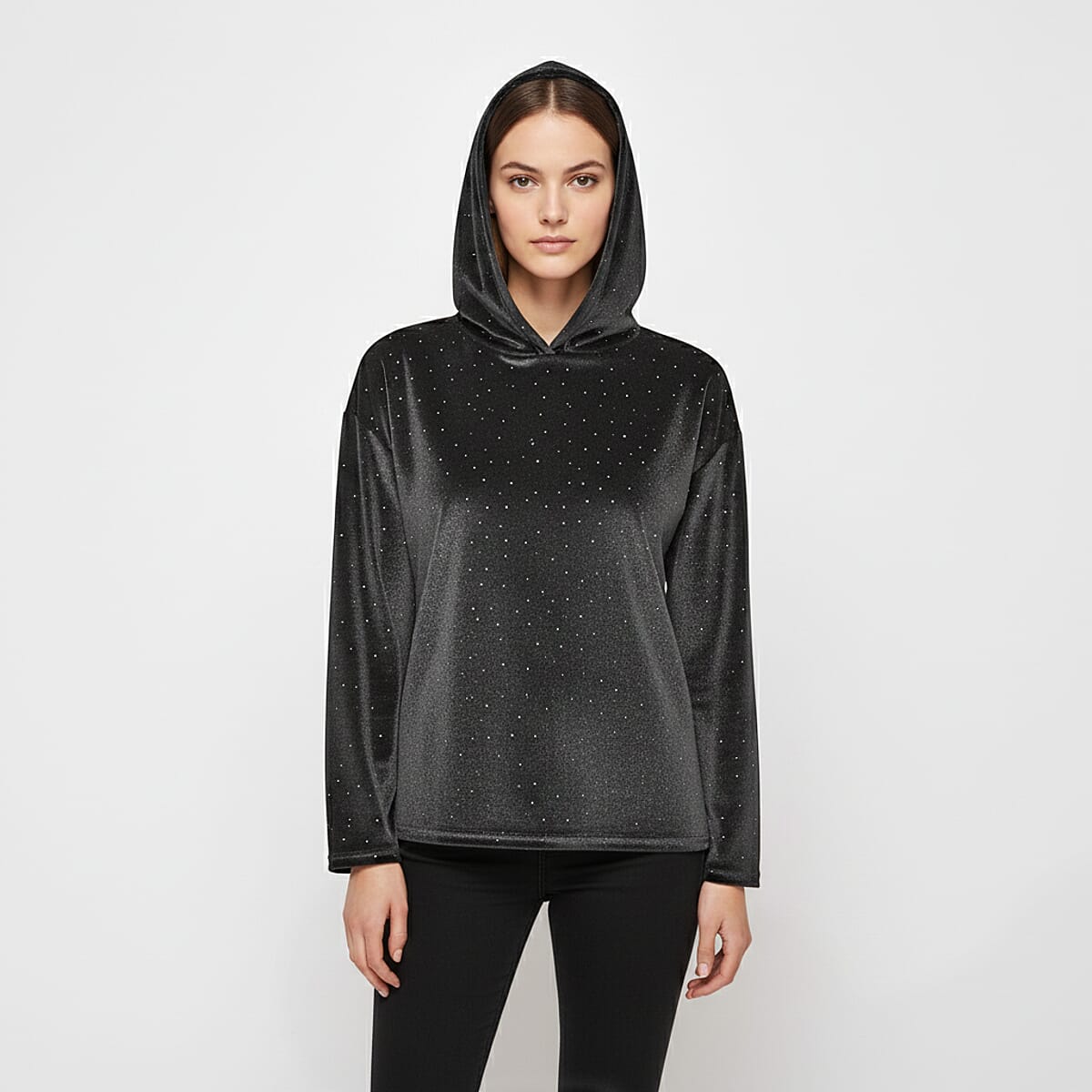  Tamsy Gray Crystal Embedded Glitter Top with Hoodie - One Size Fits Most image number 0