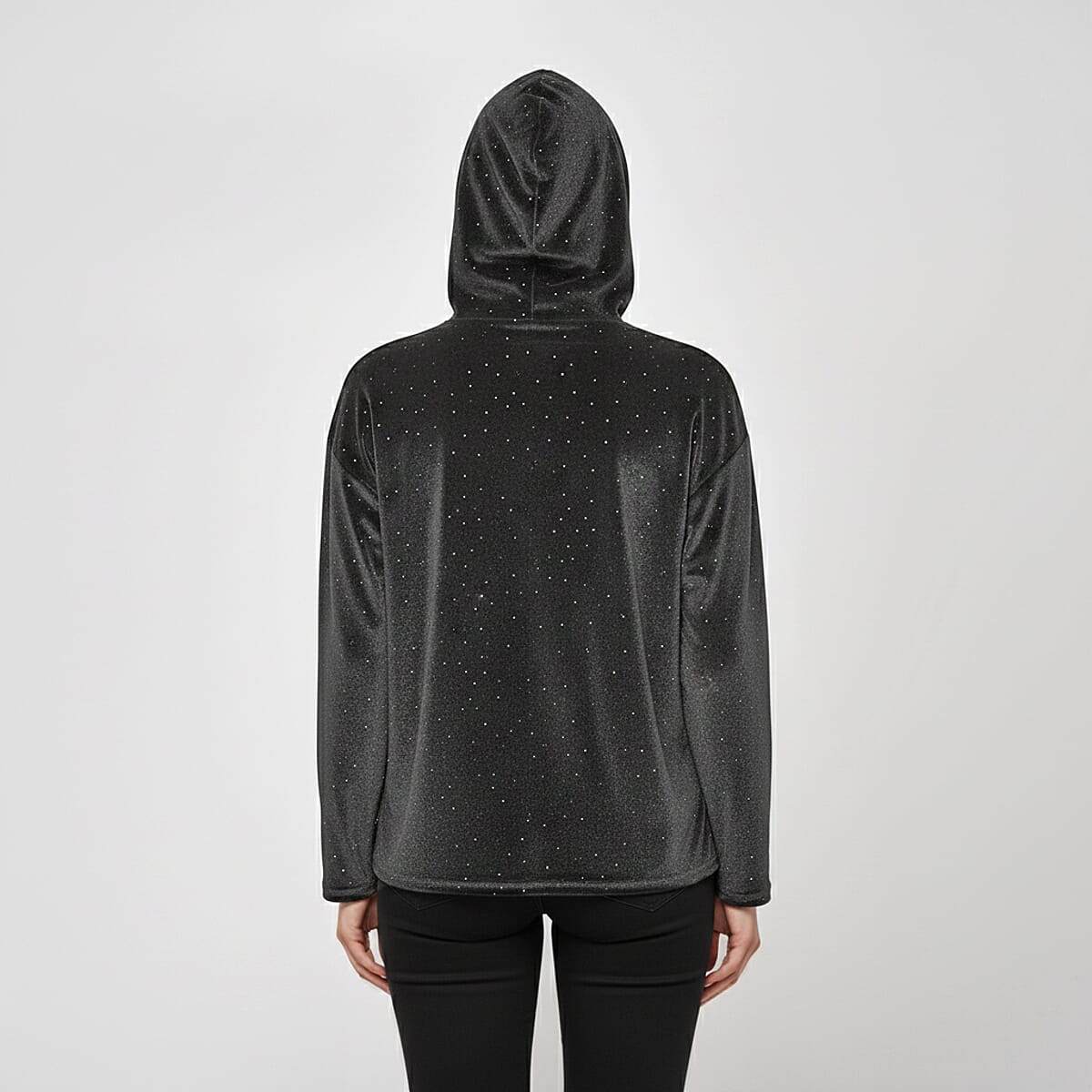  Tamsy Gray Crystal Embedded Glitter Top with Hoodie - One Size Fits Most image number 1