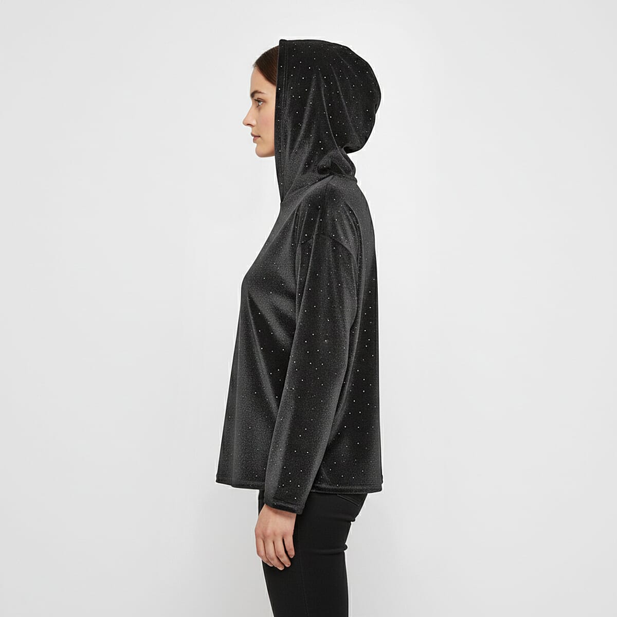  Tamsy Gray Crystal Embedded Glitter Top with Hoodie - One Size Fits Most image number 2