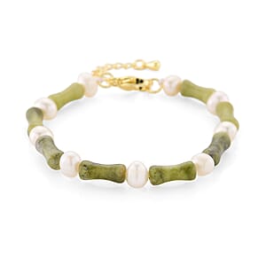 Connemara Marble 15.00 ctw and Freshwater Pearl Bracelet in Goldtone (6.50-8.50In)