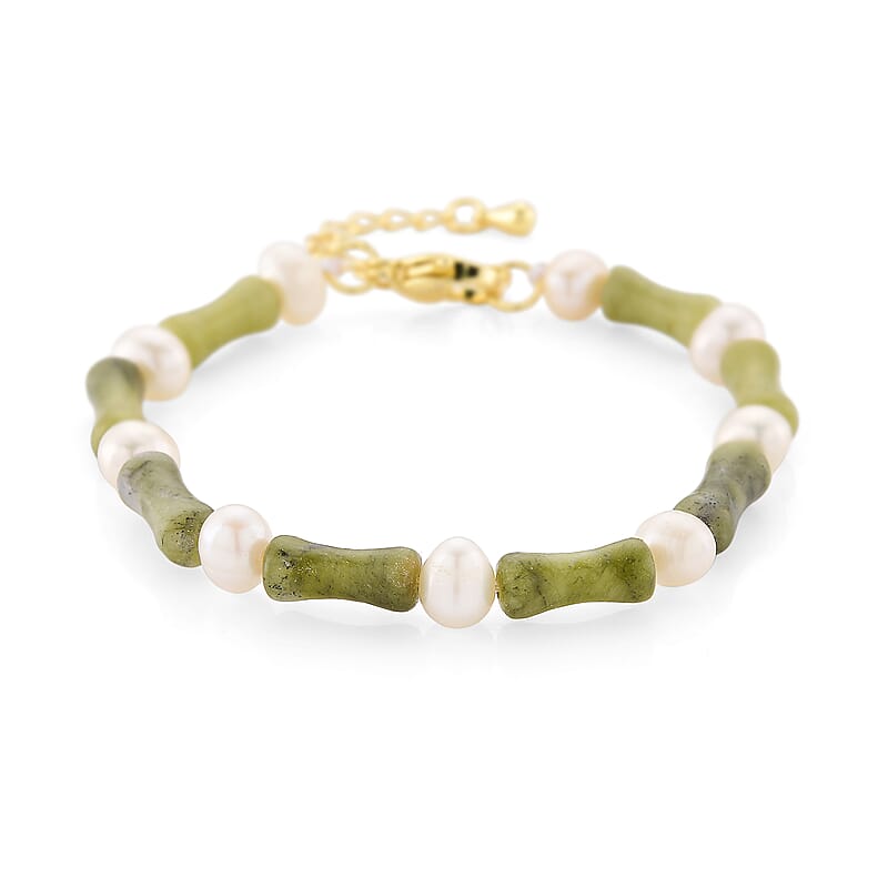 Connemara Marble 15.00 ctw and Freshwater Pearl Irish Bracelet in Goldtone (6.50-8.50In)