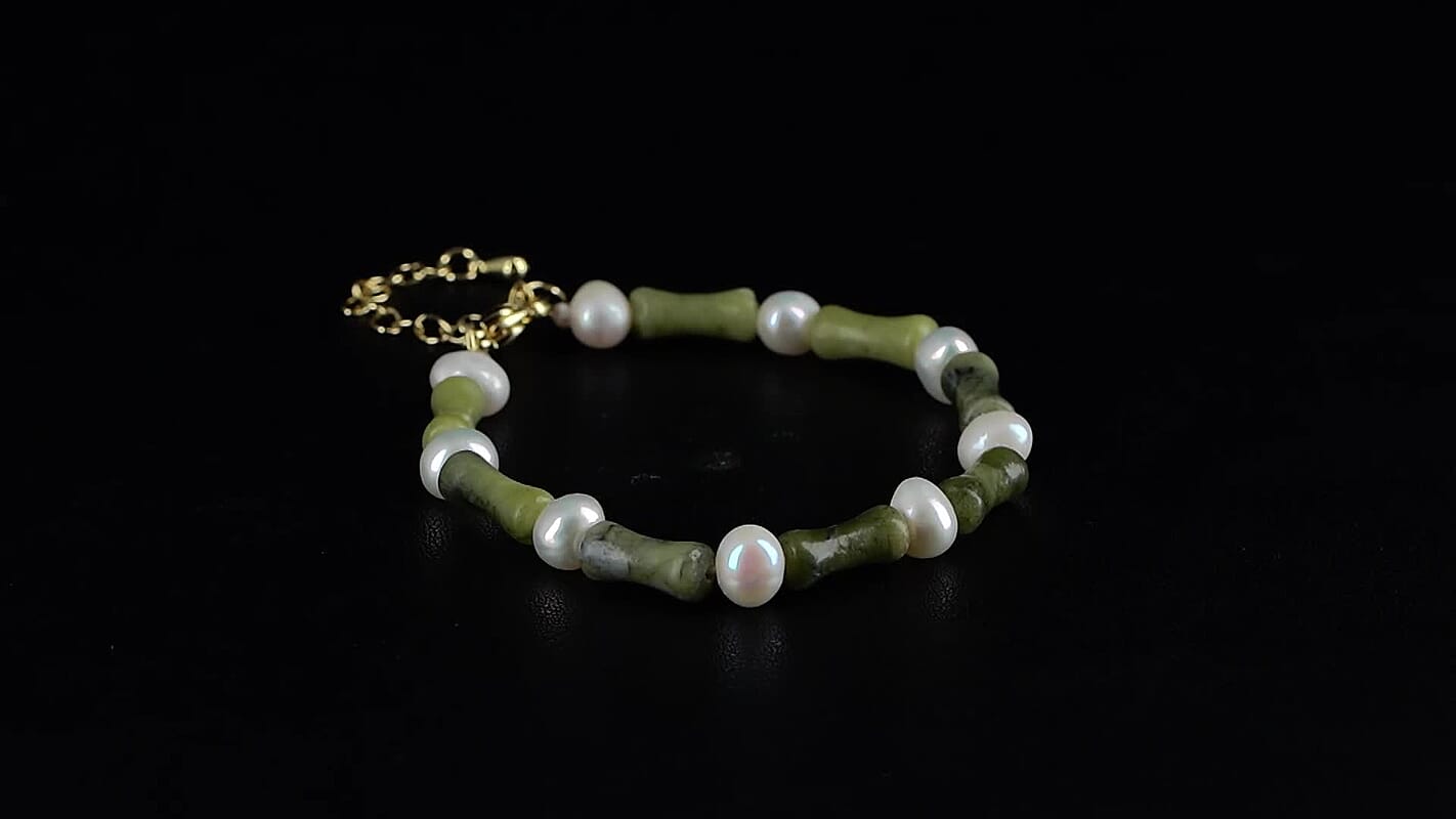 Connemara Marble 15.00 ctw and Freshwater Pearl Irish Bracelet in Goldtone (6.50-8.50In)