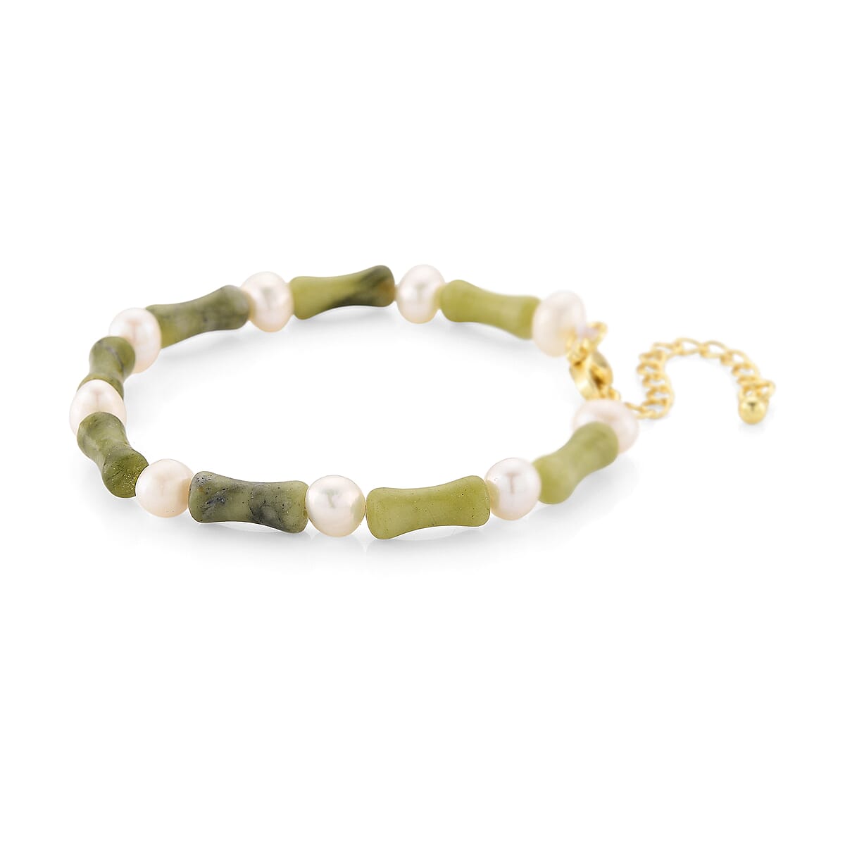 Connemara Marble 15.00 ctw and Freshwater Pearl Bracelet in Goldtone (6.50-8.50In) image number 2