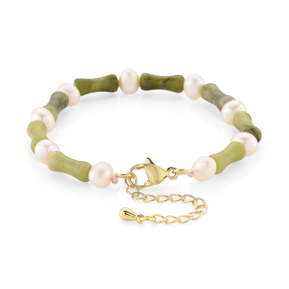 Connemara Marble 15.00 ctw and Freshwater Pearl Bracelet in Goldtone (6.50-8.50In) image number 3