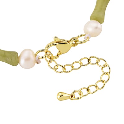 Connemara Marble 15.00 ctw and Freshwater Pearl Irish Bracelet in Goldtone (6.50-8.50In)