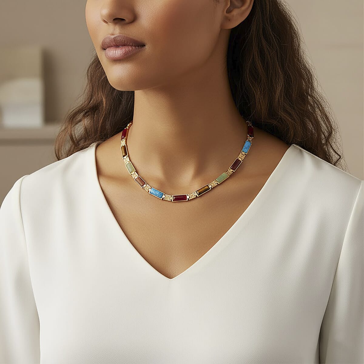 Multi Gemstone 50.00 ctw Necklace in Goldtone 16.5 Inches image number 2