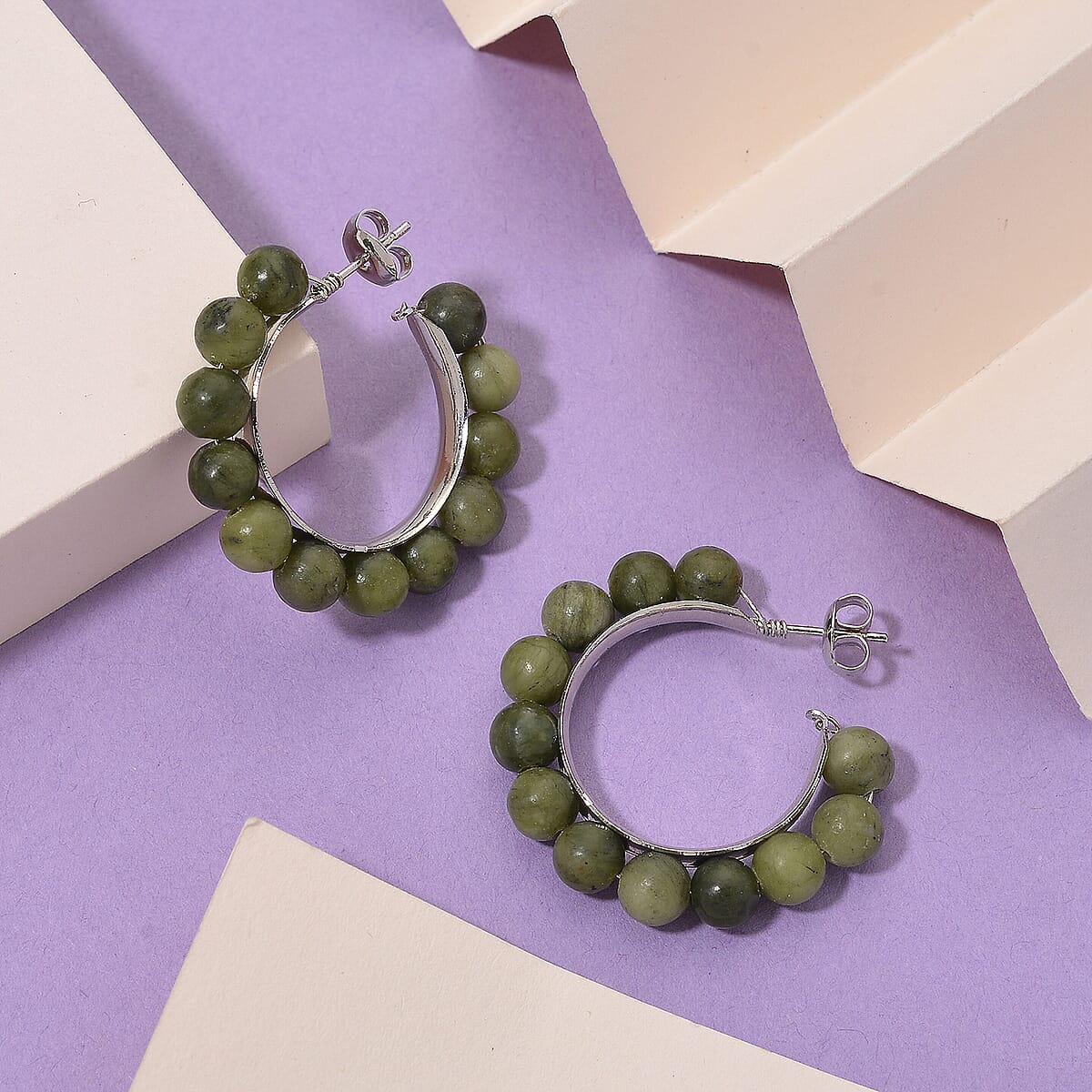 Connemara Marble 30.00 ctw Beaded Iris Bloom Hoop Earrings in Silvertone image number 1