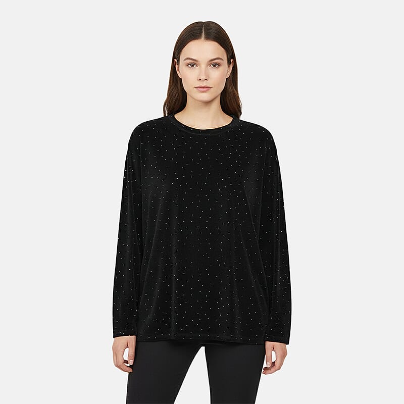 Tamsy Black Sparkling Crystals Glitter Long Top - One Size Fits Most