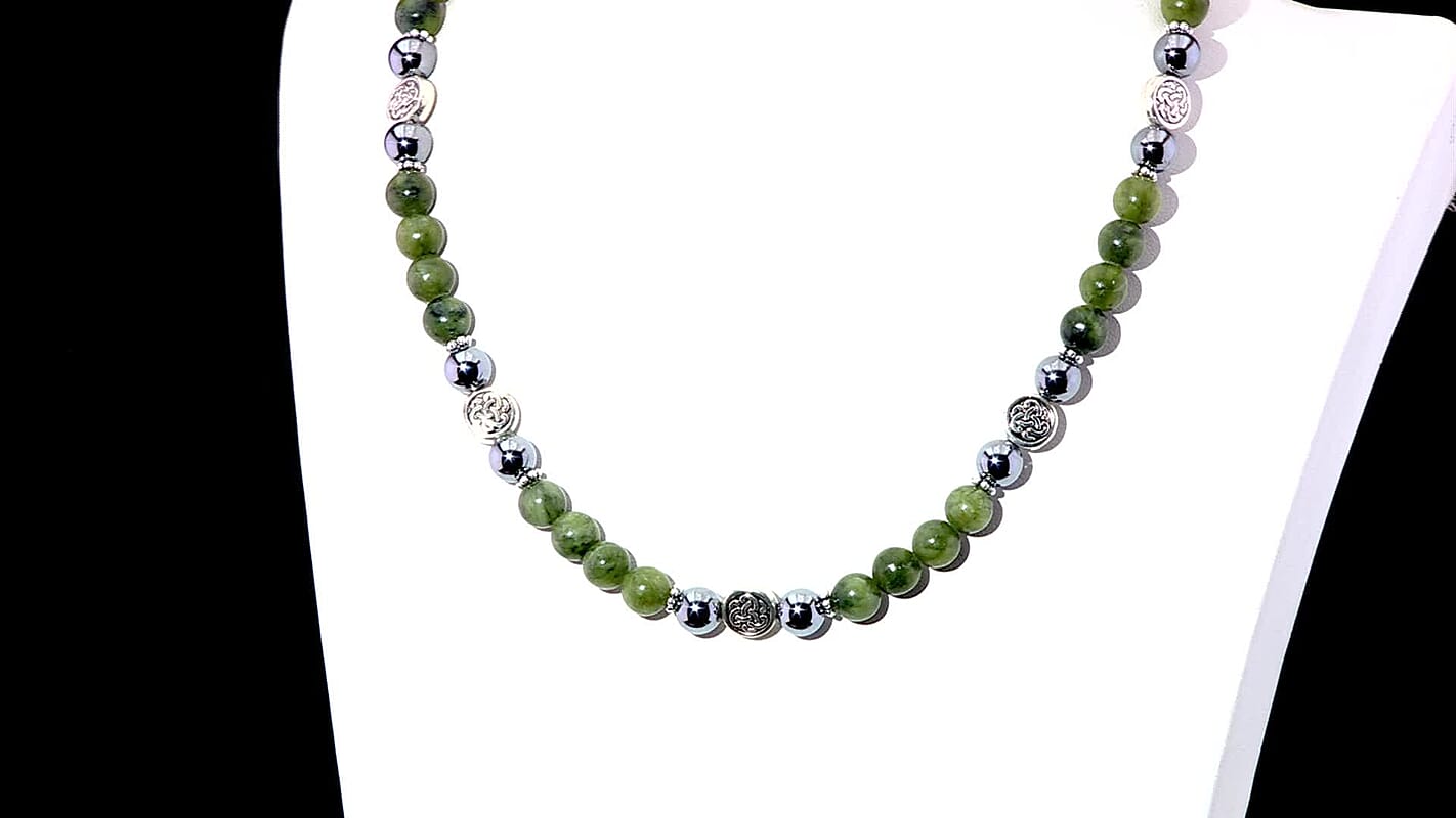 Connemara Marble and Terahertz 330.00 ctw Celtic Harmony Beaded Necklace in Silvertone 19-21 Inches