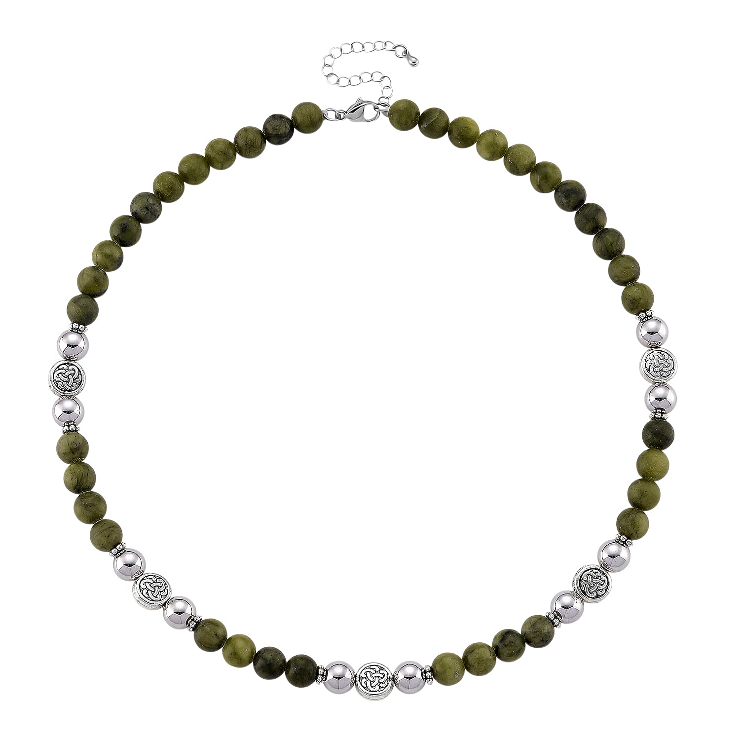 Connemara Marble and Terahertz 330.00 ctw Celtic Harmony Beaded Necklace in Silvertone 19-21 Inches