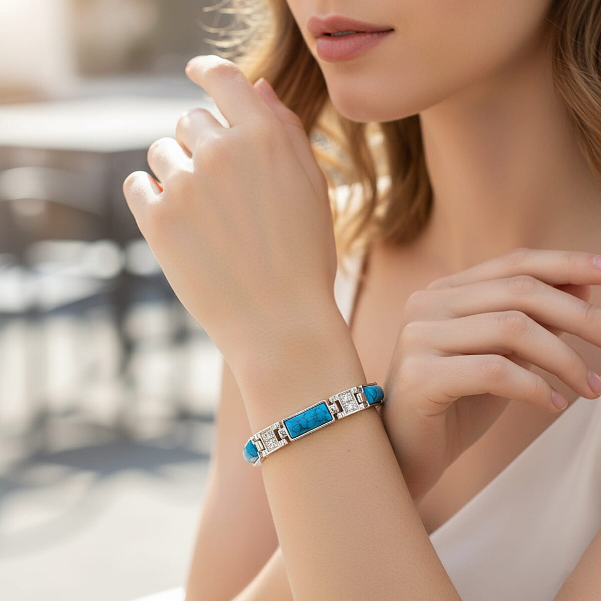 Blue Howlite 16.00 ctw Bracelet in Silvertone (8.25 In) image number 2