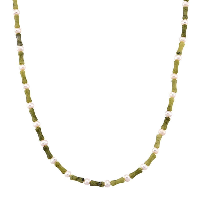 Connemara Marble 50.00 ctw and Freshwater Pearl Irish Necklace in Goldtone 18-20 Inches