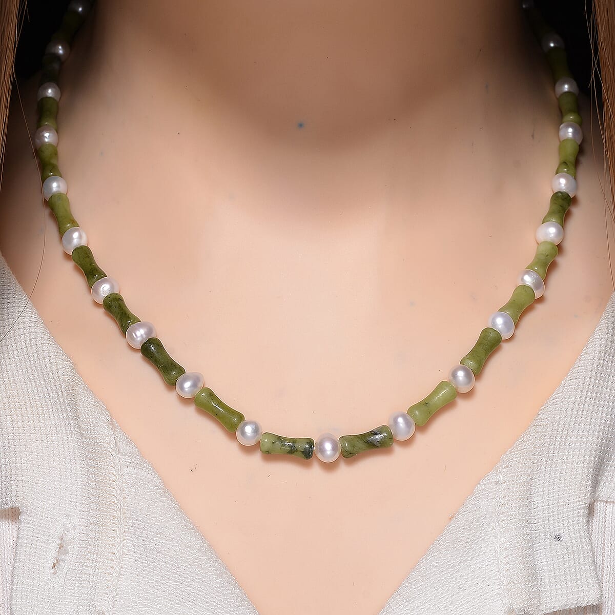 Connemara Marble 50.00 ctw and Freshwater Pearl Iris Necklace in Goldtone 18-20 Inches image number 1