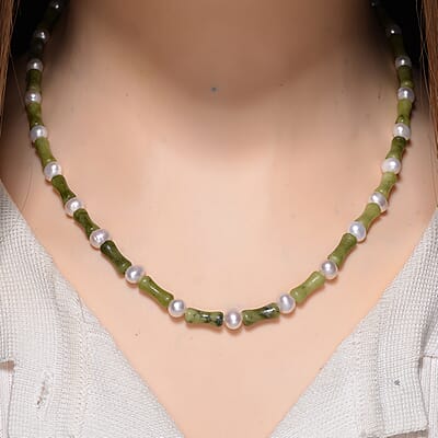 Connemara Marble 50.00 ctw and Freshwater Pearl Irish Necklace in Goldtone 18-20 Inches