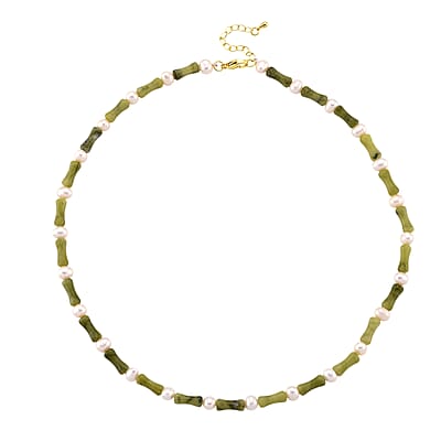 Connemara Marble 50.00 ctw and Freshwater Pearl Irish Necklace in Goldtone 18-20 Inches