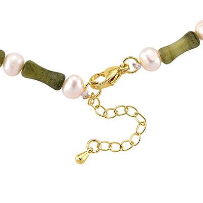 Connemara Marble 50.00 ctw and Freshwater Pearl Irish Necklace in Goldtone 18-20 Inches
