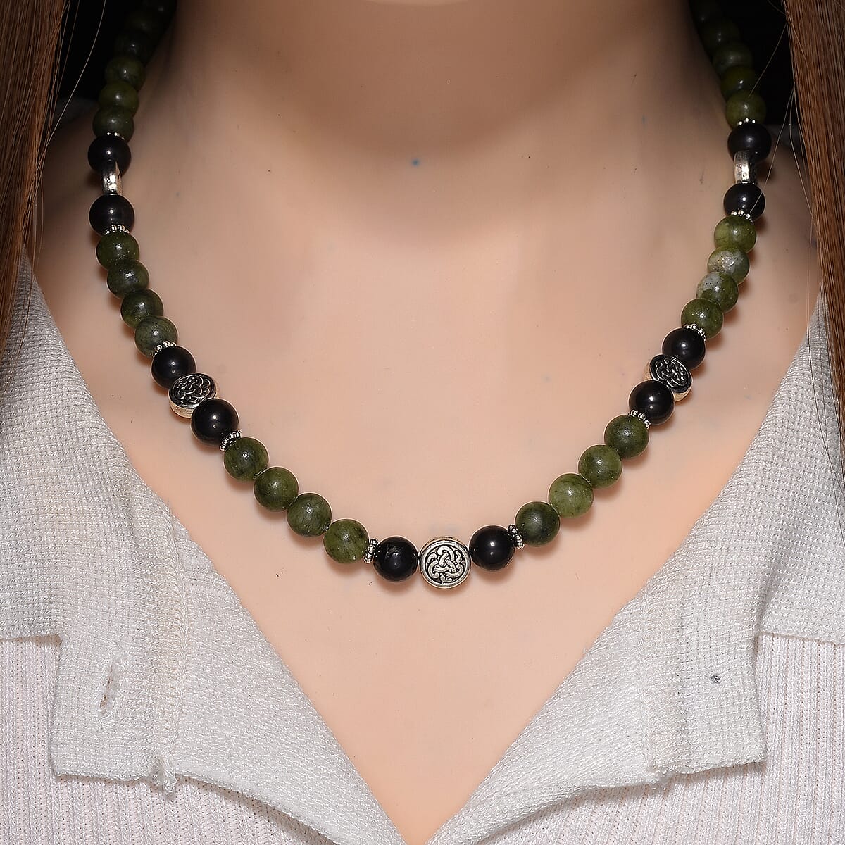 Connemara Marble and Shungite 250.00 ctw Celtic Harmony Beaded Necklace in Silvertone 19-21 Inches image number 1