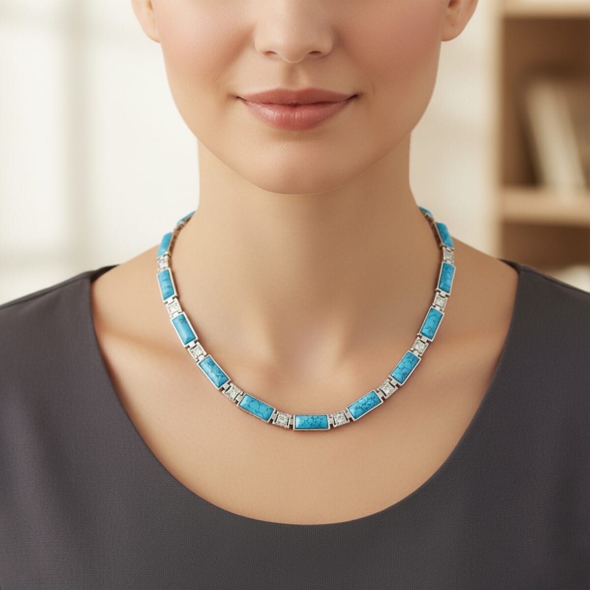 Blue Howlite 55.00 ctw Necklace in Silvertone 16.5 Inches image number 2