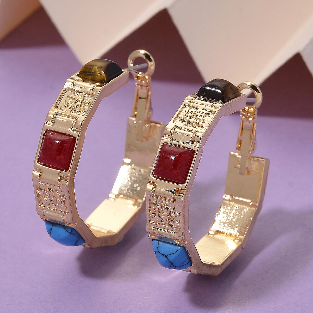 Multi Gemstone 5.00 ctw Hoop Earrings in Goldtone image number 1