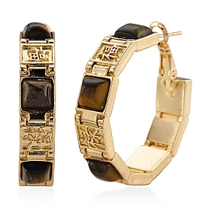 Yellow Tigers Eye 5.00 ctw Hoop Earrings in Goldtone