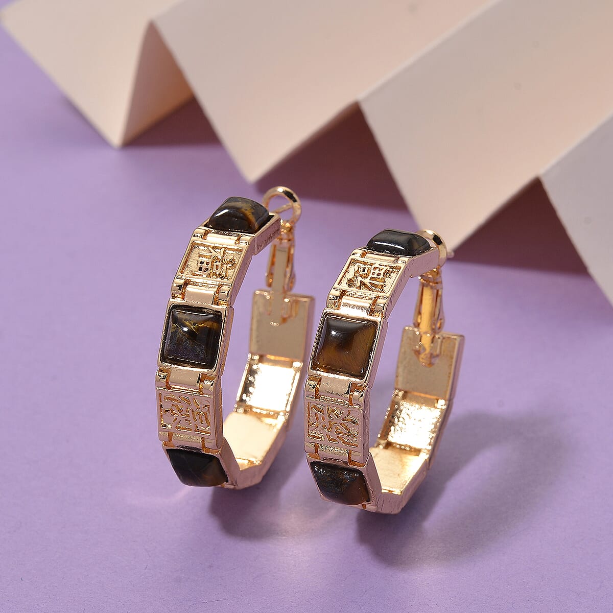 Yellow Tigers Eye 5.00 ctw Hoop Earrings in Goldtone image number 1