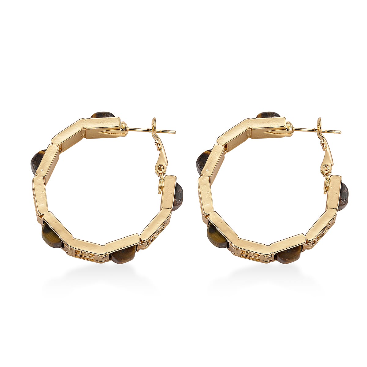 Yellow Tigers Eye 5.00 ctw Hoop Earrings in Goldtone image number 3