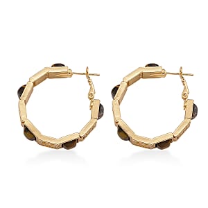 Yellow Tigers Eye 5.00 ctw Hoop Earrings in Goldtone