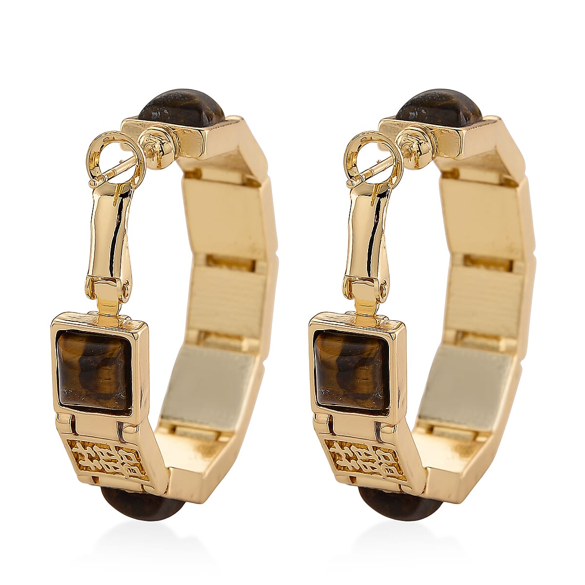 Yellow Tigers Eye 5.00 ctw Hoop Earrings in Goldtone image number 4