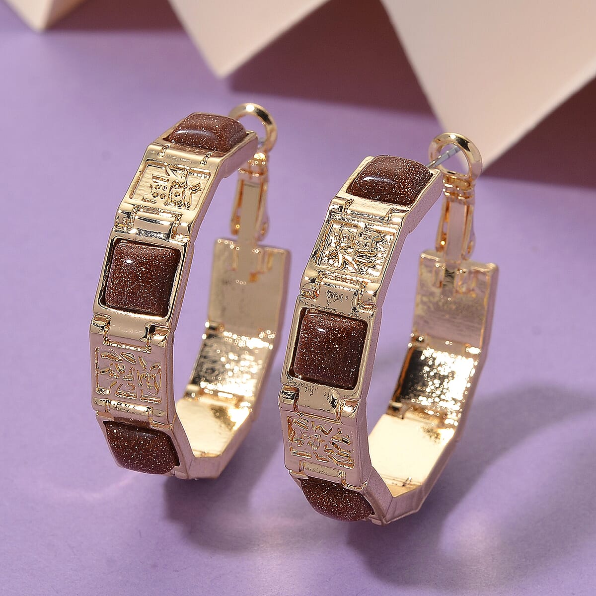 Gold Sandstone 5.00 ctw Hoop Earrings in Goldtone image number 1