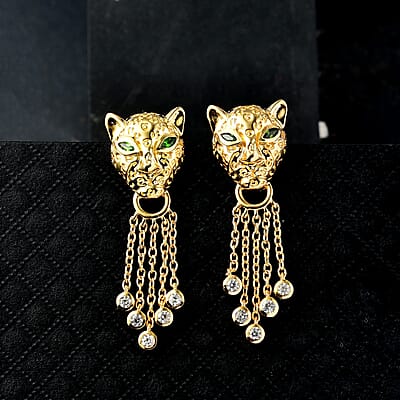EverTrue Chrome Diopside and White Zircon 1.30 ctw Earrings in 18K YG Plated and Stainless Steel