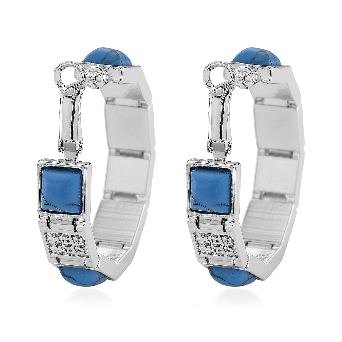 Blue Howlite 5.00 ctw Hoop Earrings in Silvertone image number 4