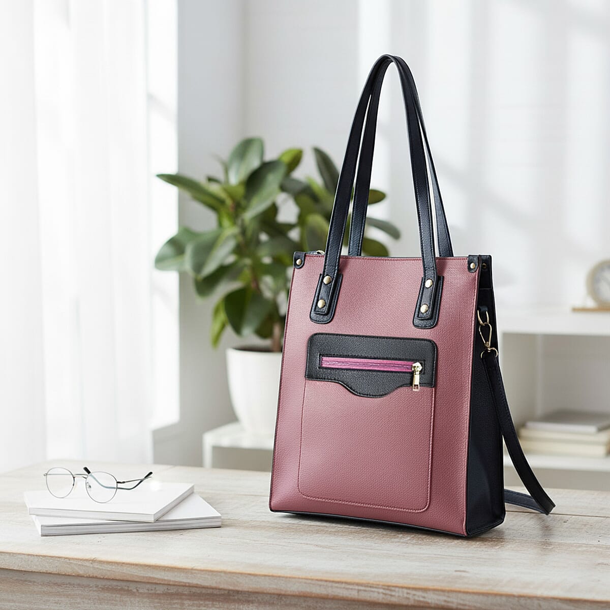 PASSAGE Brown Rose Faux Leather Vertical Tote Bag  image number 1