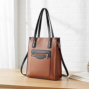 PASSAGE Brown Faux Leather Vertical Tote Bag