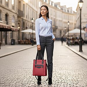 PASSAGE Red Faux Leather Vertical Tote Bag