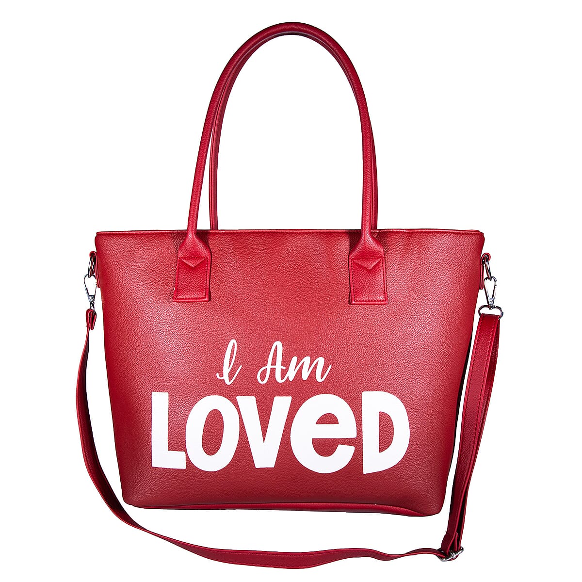 Passage Red I Am Loved Print Faux Leather Tote Bag with Shoulder Strap image number 0