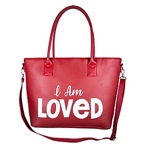 Passage Red I Am Loved Print Faux Leather Tote Bag with Shoulder Strap