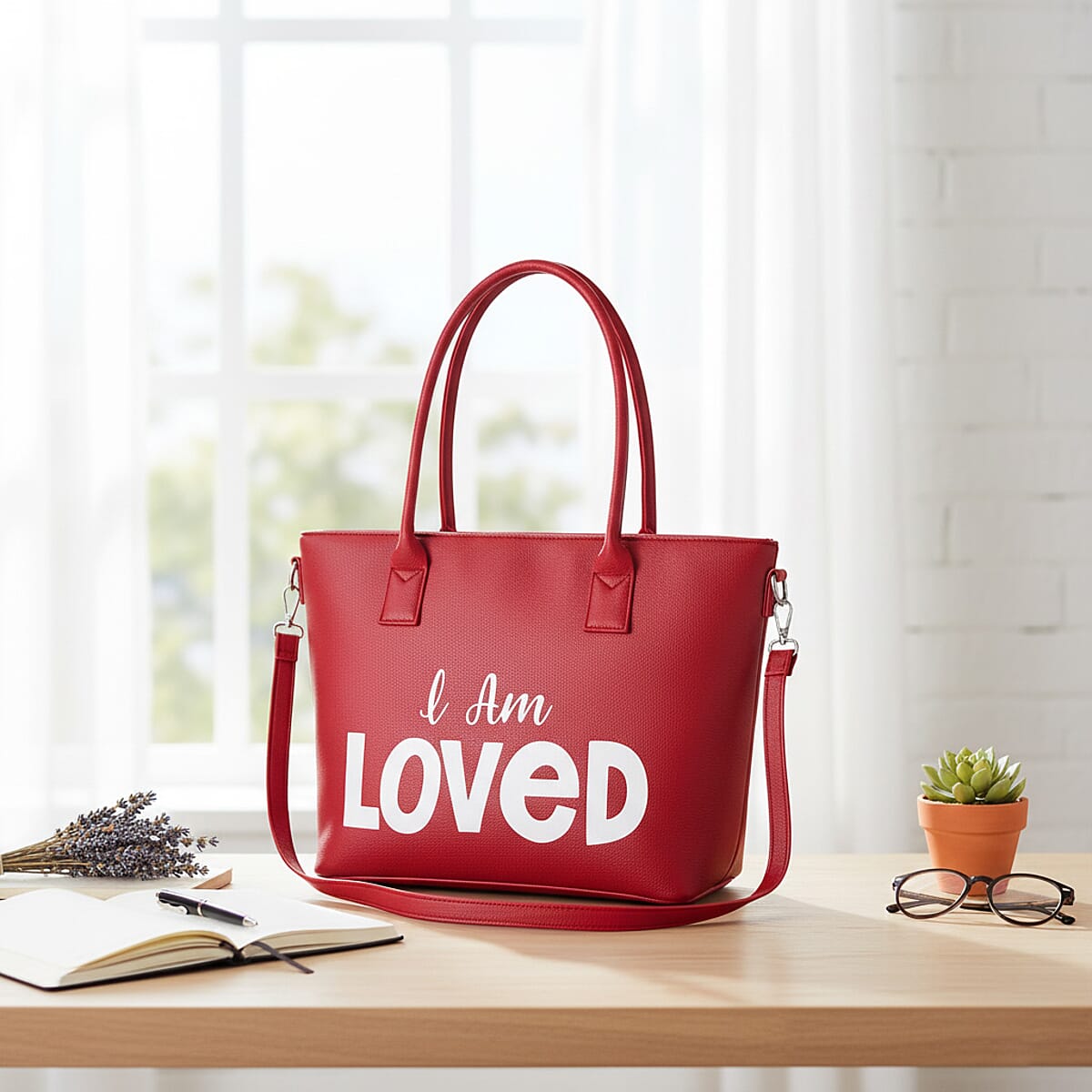 Passage Red I Am Loved Print Faux Leather Tote Bag with Shoulder Strap image number 1