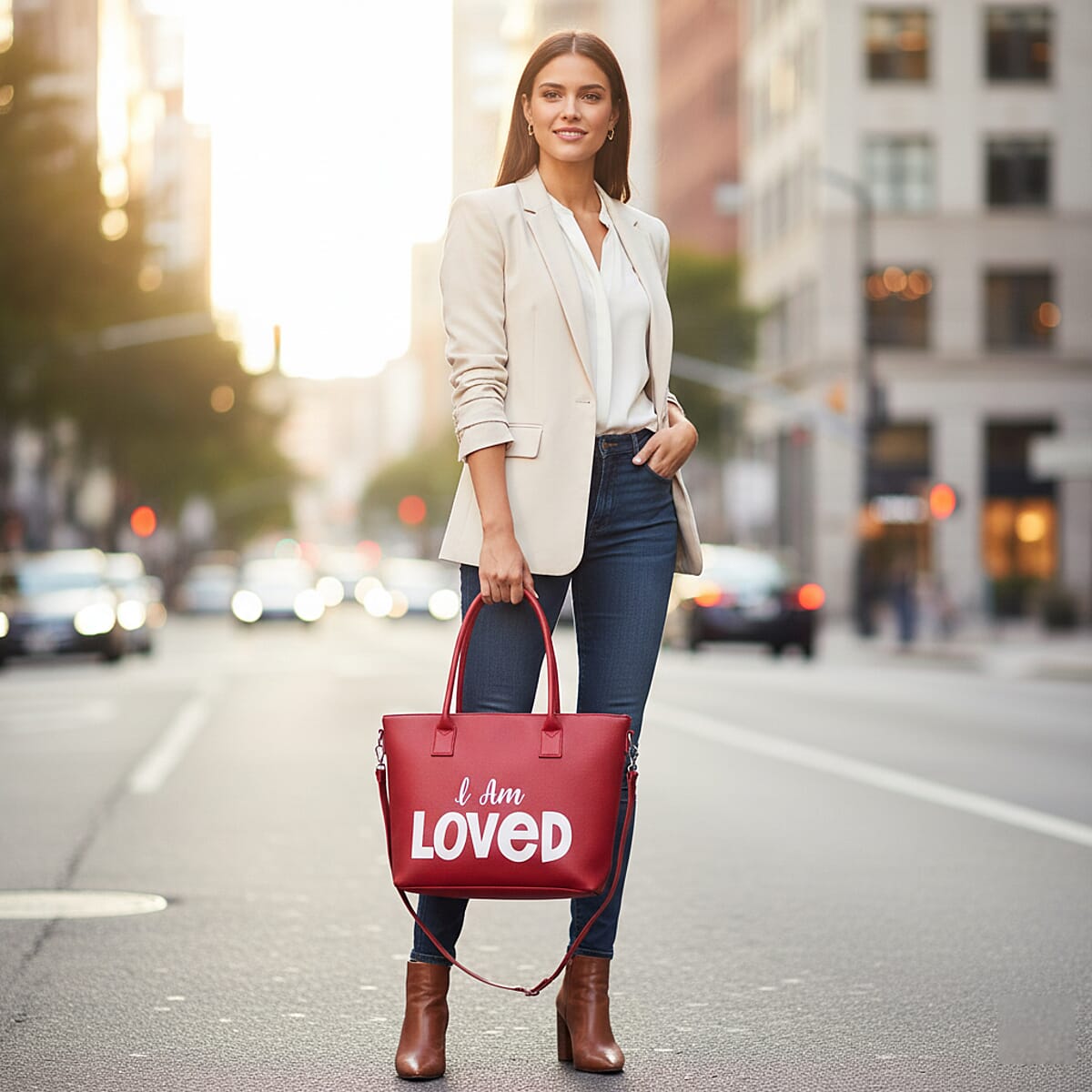 Passage Red I Am Loved Print Faux Leather Tote Bag with Shoulder Strap image number 2