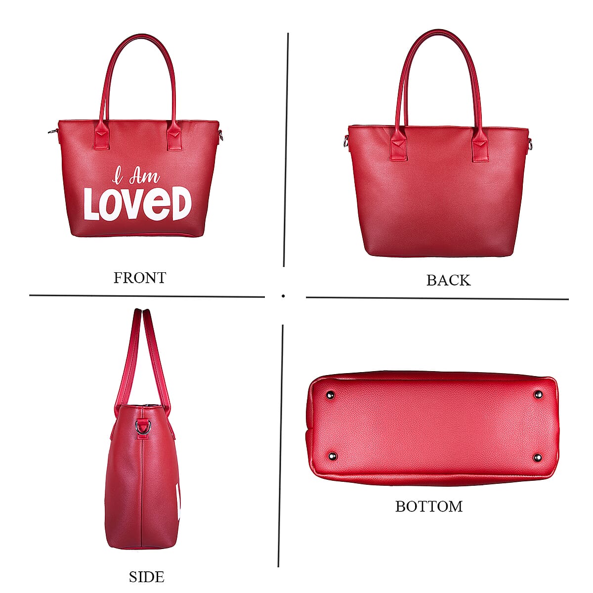 Passage Red I Am Loved Print Faux Leather Tote Bag with Shoulder Strap image number 3