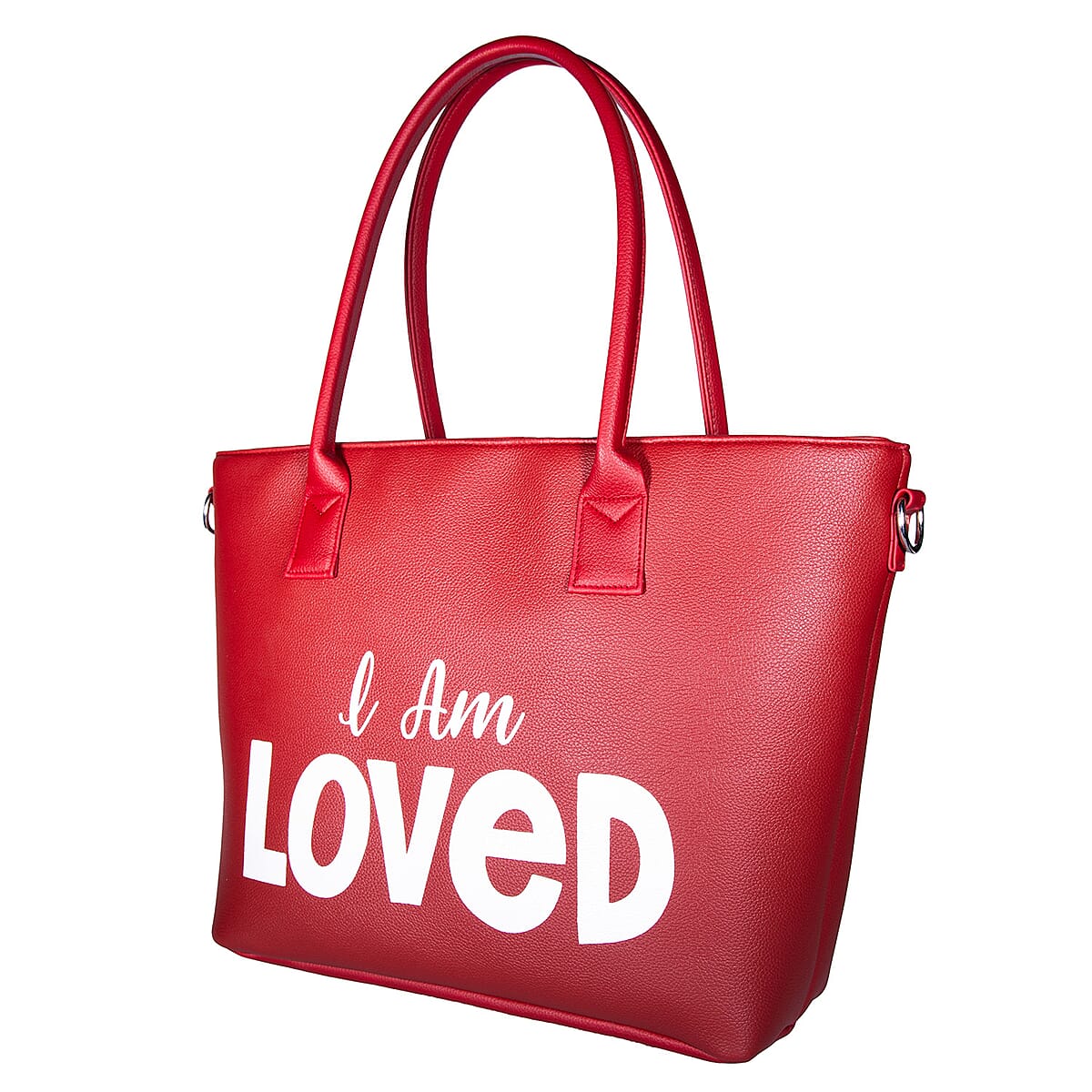 Passage Red I Am Loved Print Faux Leather Tote Bag with Shoulder Strap image number 4