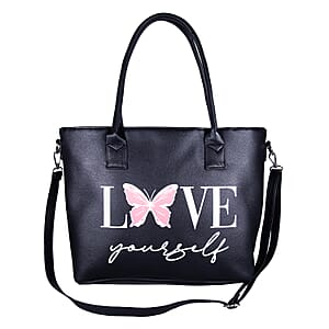 Passage Black Love Yourself Print Faux Leather Tote Bag with Shoulder Strap