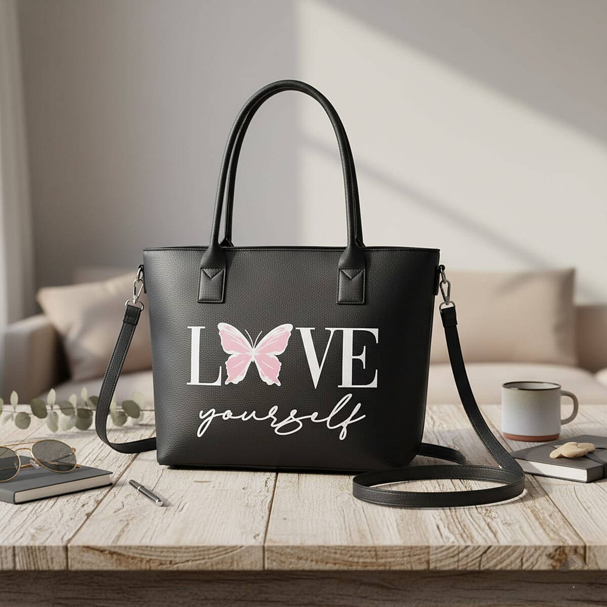 Passage Black Love Yourself Print Faux Leather Tote Bag with Shoulder Strap image number 1