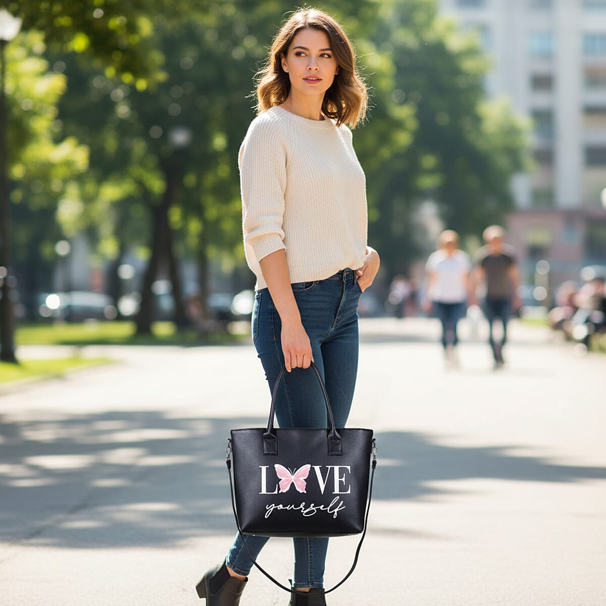 Passage Black Love Yourself Print Faux Leather Tote Bag with Shoulder Strap image number 2